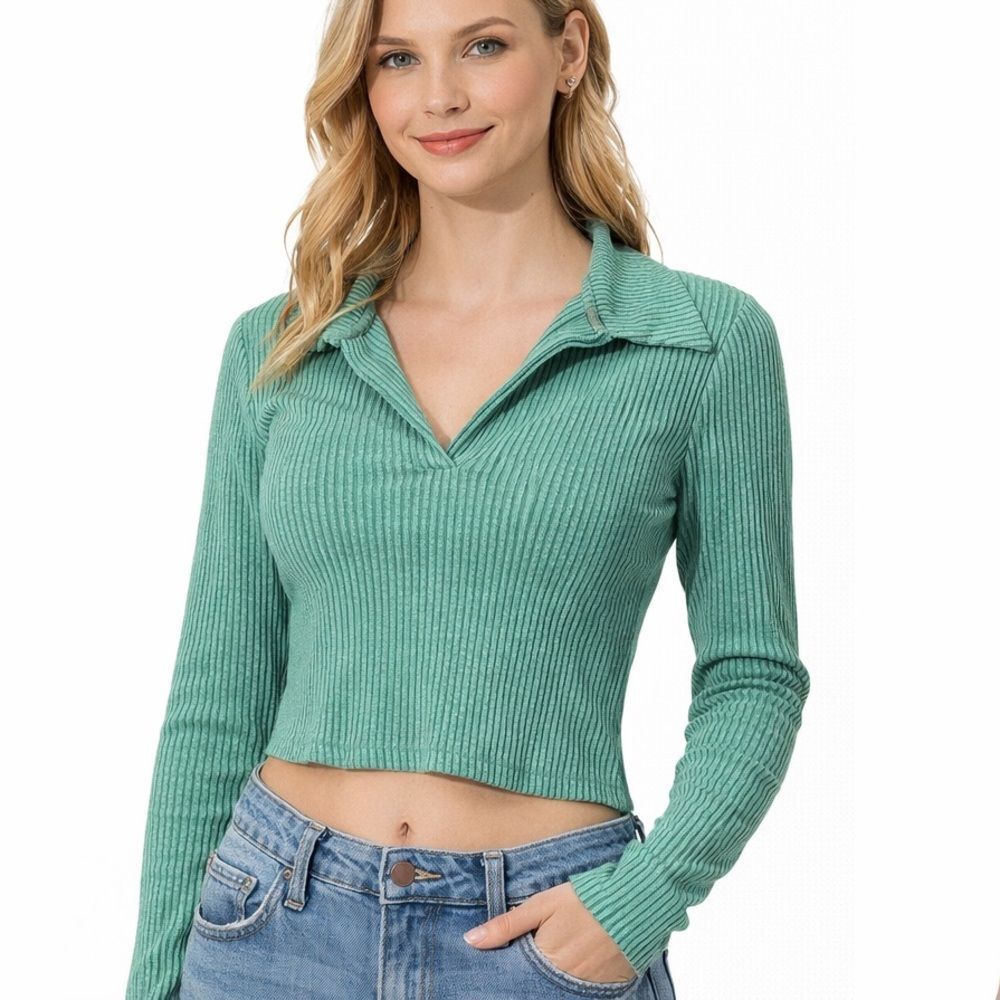 Fashion Nova Women's Green Ribbed V Neck Top Size XS